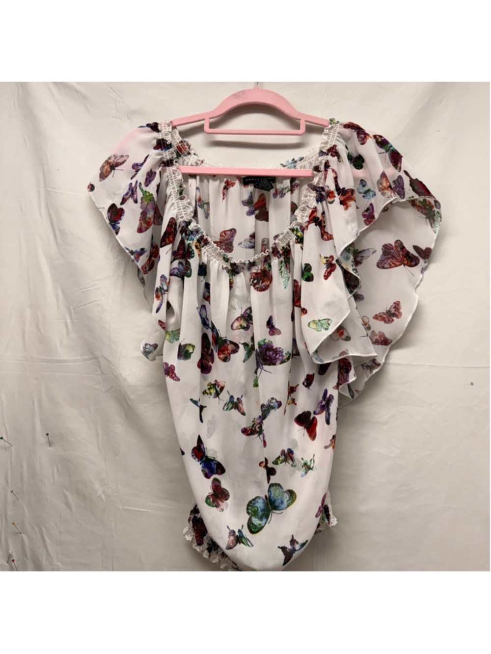 Women's Grace Elements Blouse S White Multicolor Butterfly Print